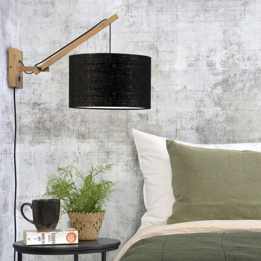 Applique Murale Andes Bras Articulé Bambou et Abat-jour Lin Noir 35 cm
