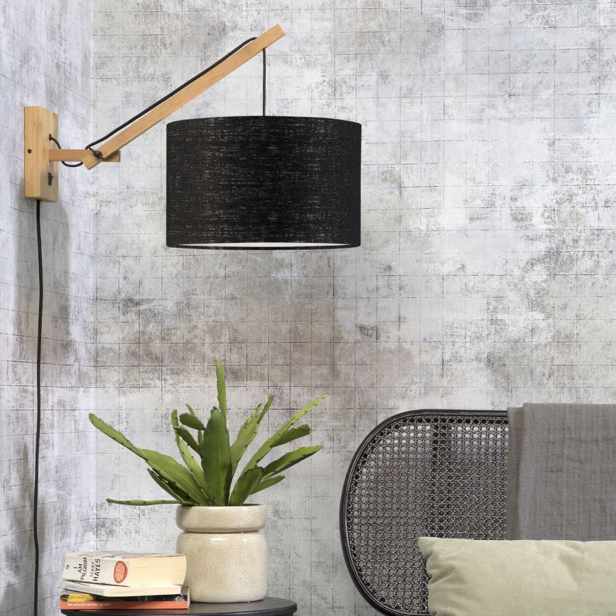 Applique Murale Andes Bras Articulé Bambou et Abat-jour Lin Noir 35 cm