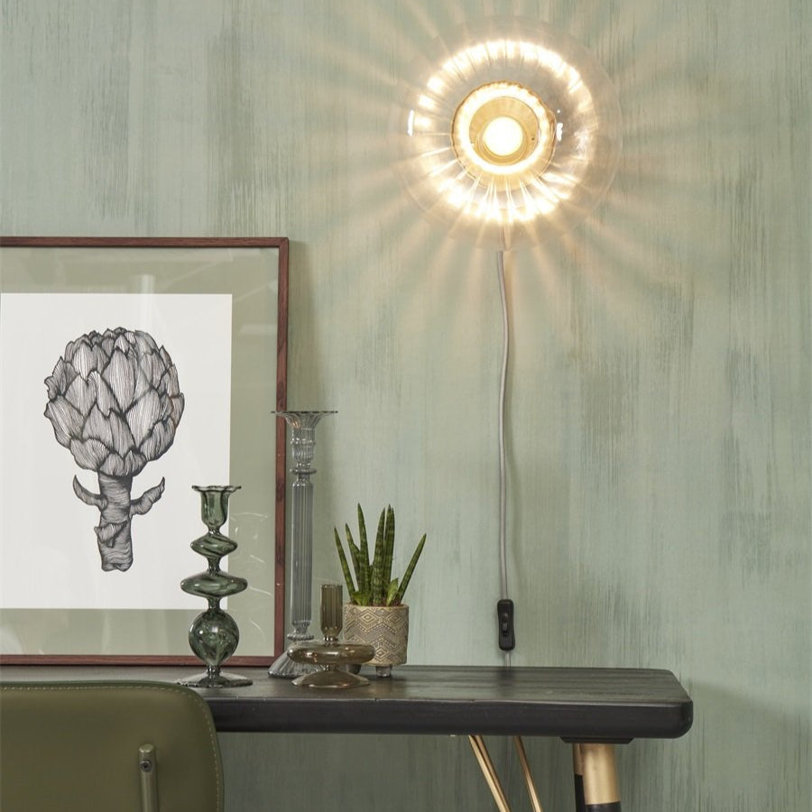 Applique Murale Brussels Ronde Verre Cannelé Transparent et Doré Ø28cm