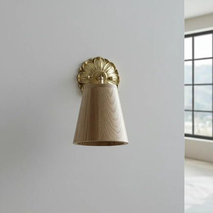 Applique Murale Bois de Frêne et Laiton Orientable, Abat-jour Conique