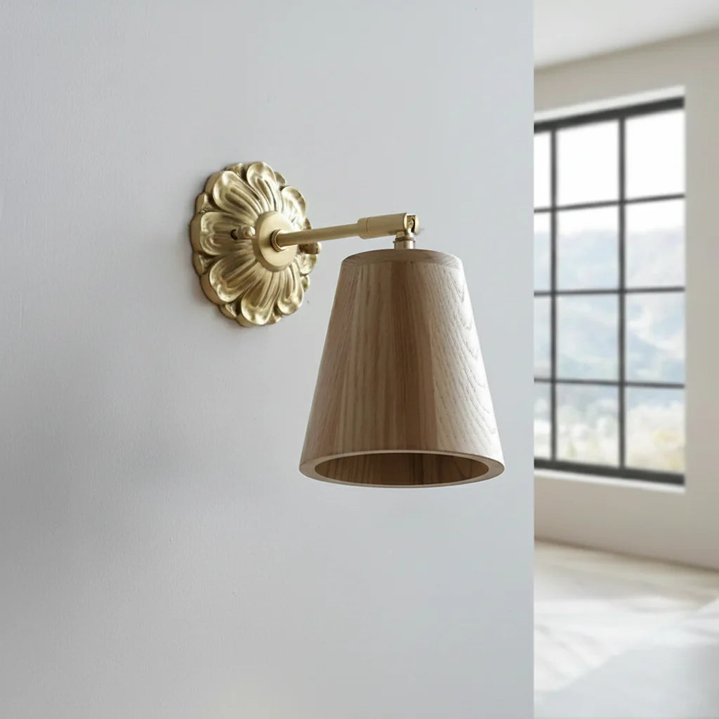 Applique Murale Bois de Frêne et Laiton Orientable, Abat-jour Conique