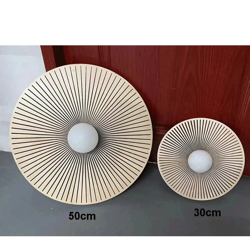Applique Murale Ronde en Bois Massif, Motif Soleil Japandi