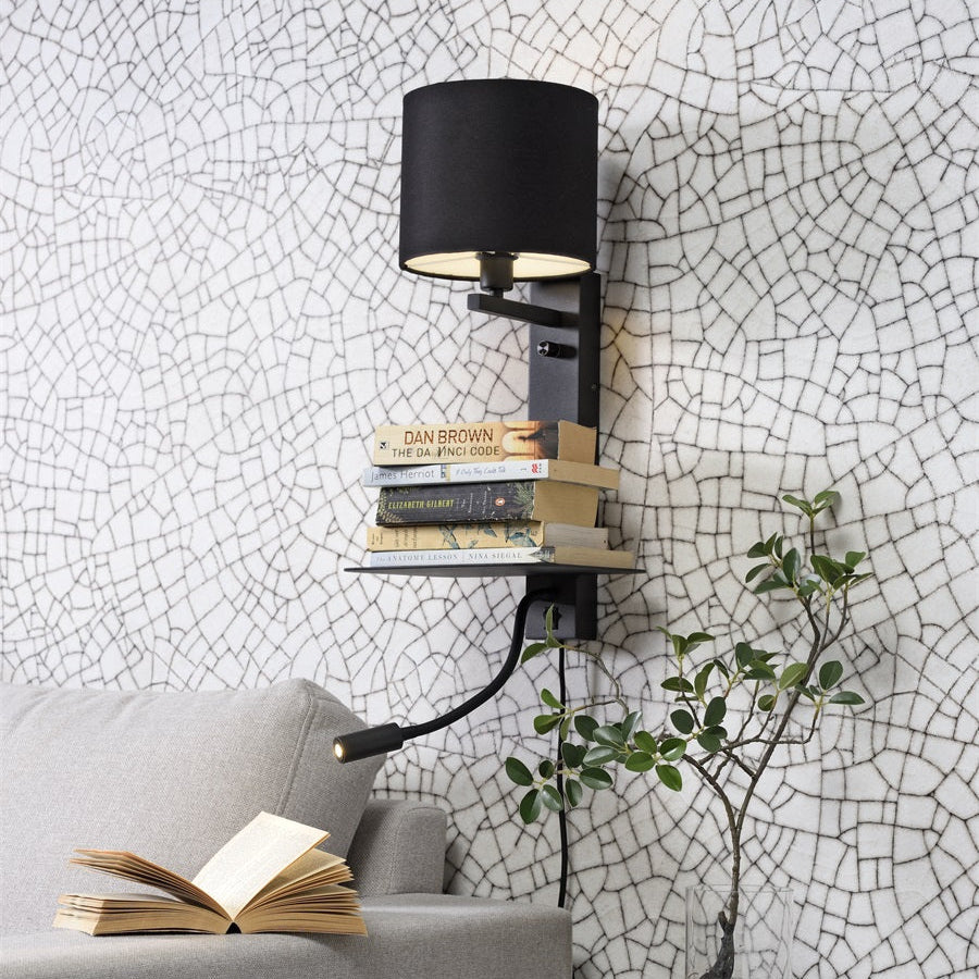 Applique Murale Florence avec Étagère et Lampe de Lecture Noire en Fer et Coton