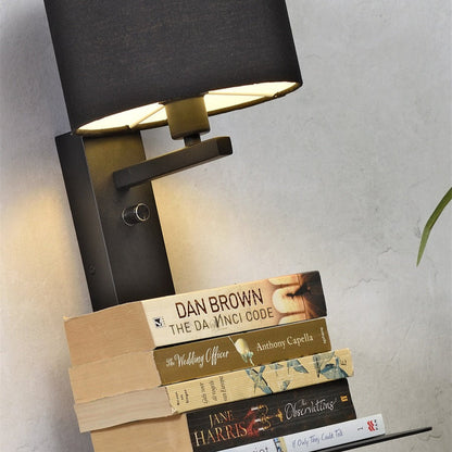 Applique Murale Florence avec Étagère et Lampe de Lecture Noire en Fer et Coton