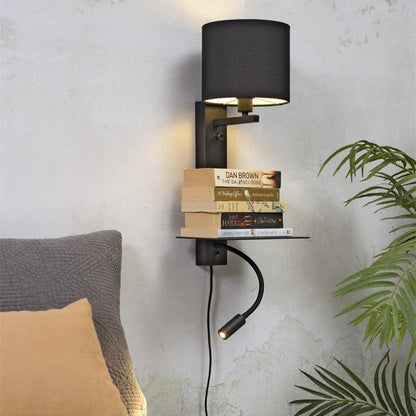 Applique Murale Florence avec Étagère et Lampe de Lecture Noire en Fer et Coton
