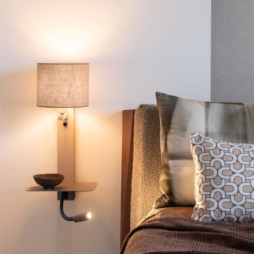 Applique Murale Florence avec Lampe de Lecture Sable et Lin Foncé en Fer et Coton