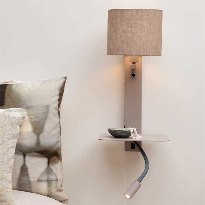 Applique Murale Florence avec Lampe de Lecture Sable et Lin Foncé en Fer et Coton