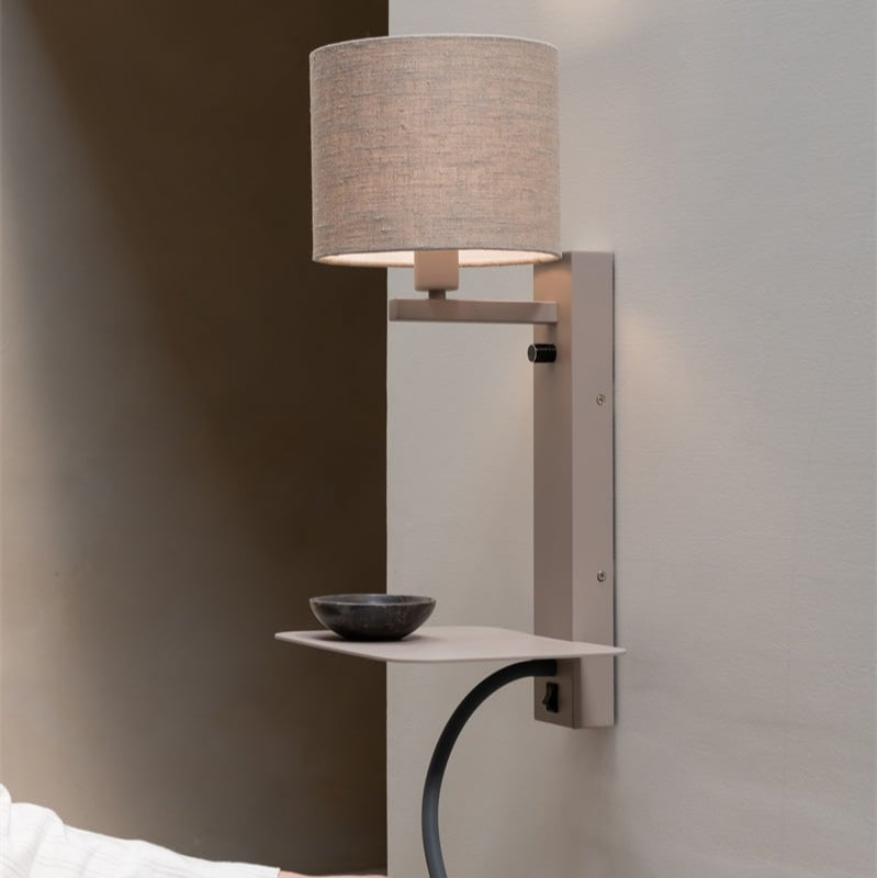 Applique Murale Florence avec Lampe de Lecture Sable et Lin Foncé en Fer et Coton