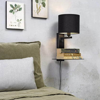 Applique Murale Florence avec USB et Étagère en Fer Noir et Coton