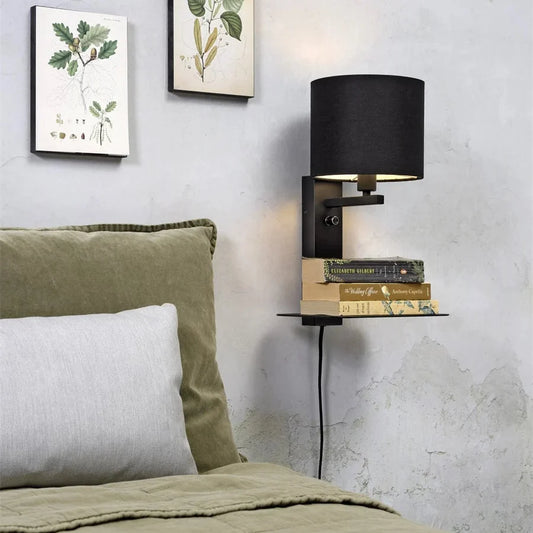 Applique Murale Florence avec USB et Étagère en Fer Noir et Coton