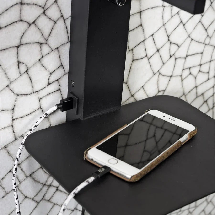 Applique Murale Florence avec USB et Étagère en Fer Noir et Coton