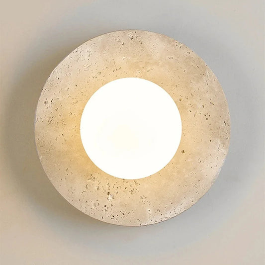 Applique Murale Circulaire en Travertin Naturel et Globe Opaline