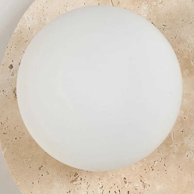 Applique Murale Circulaire en Travertin Naturel et Globe Opaline