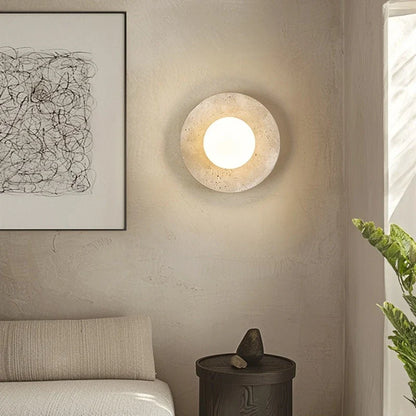 Applique Murale Circulaire en Travertin Naturel et Globe Opaline