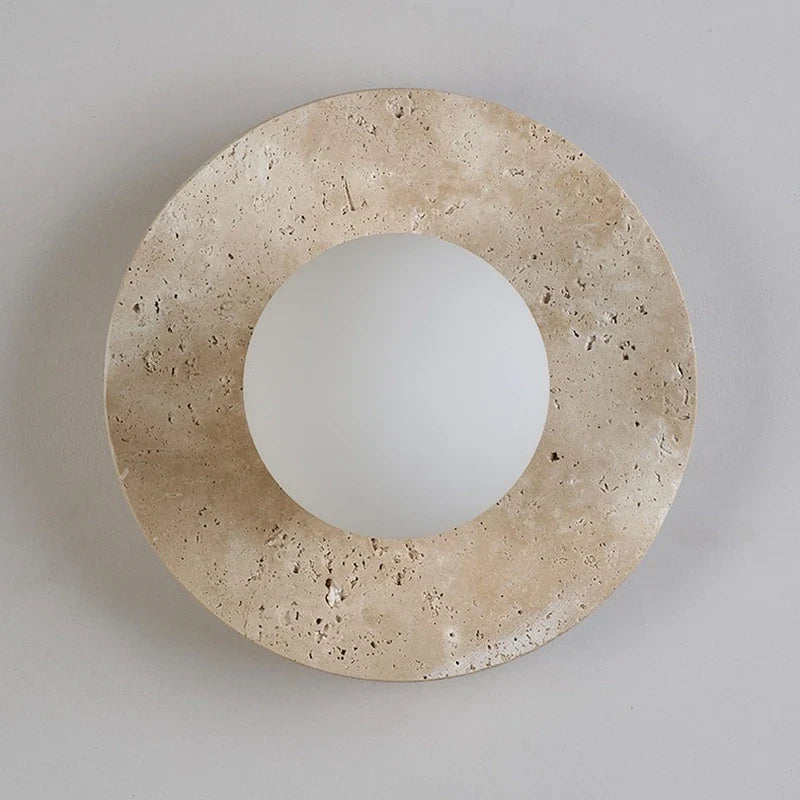 Applique Murale Circulaire en Travertin Naturel et Globe Opaline