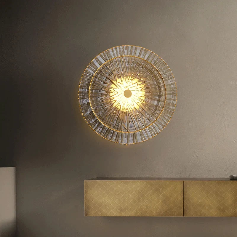 Applique Murale en Verre Strié Doré, Motif Soleil
