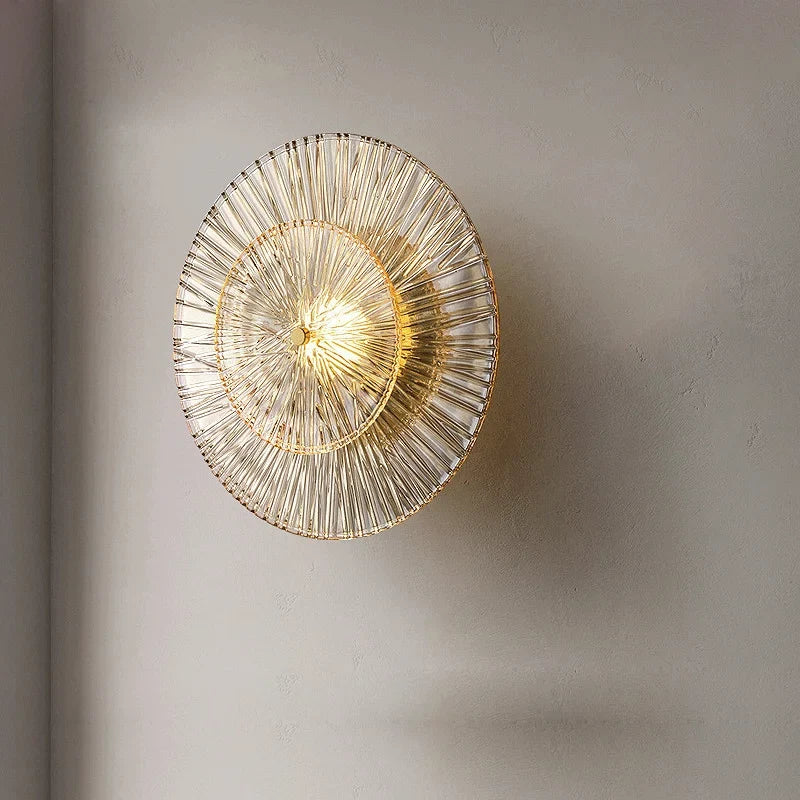 Applique Murale en Verre Strié Doré, Motif Soleil