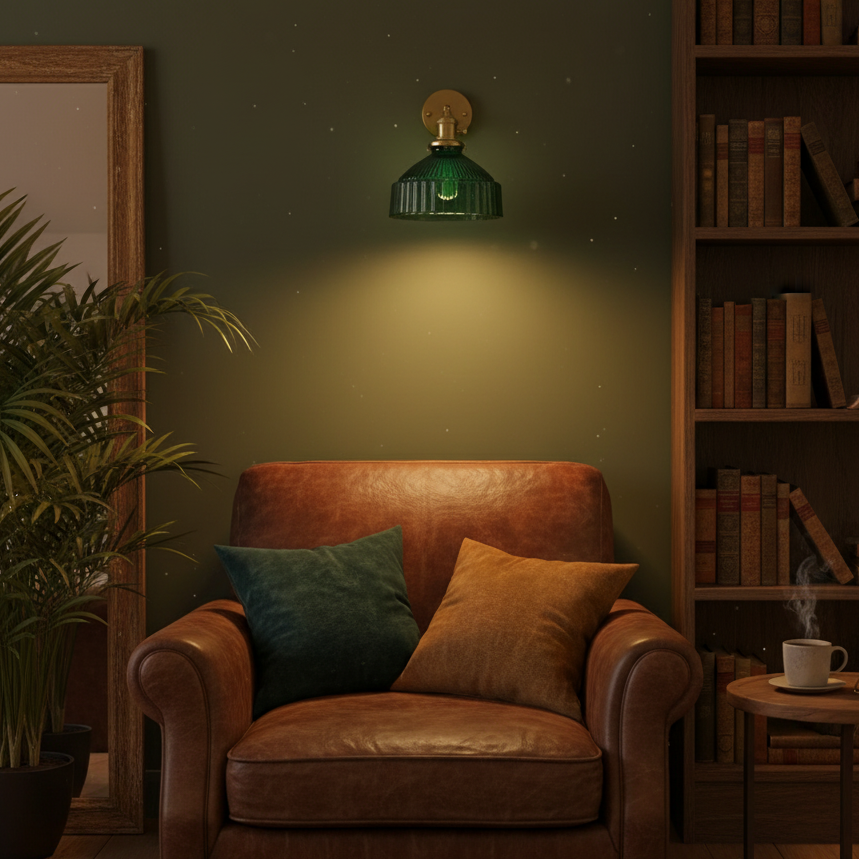 Applique Murale Verre Strié Vert et Laiton, Bras Orientable Style Vintage